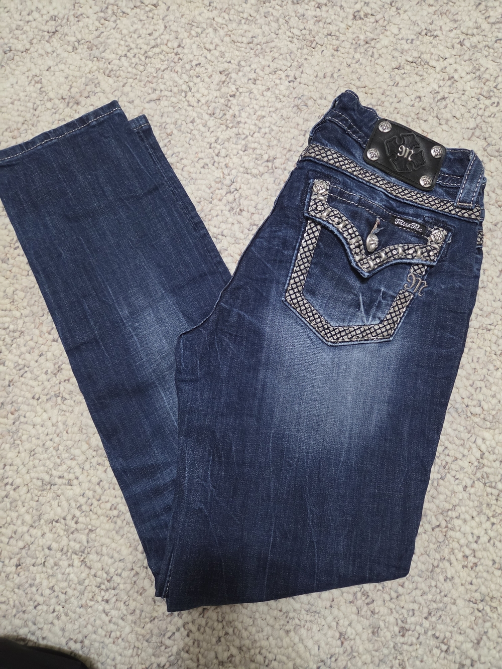 Miss Me Dark Blue Skinny Jeans with Embellished Back Pockets